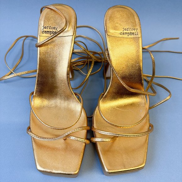Jeffrey Campbell Metallic Gold Wrap Tie Sandal Platform Heels, 8 - Picture 8 of 10